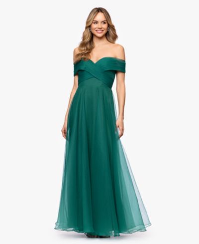 Женское платье Betsy & Adam Petite Mesh Off-The-Shoulder Ball Gown