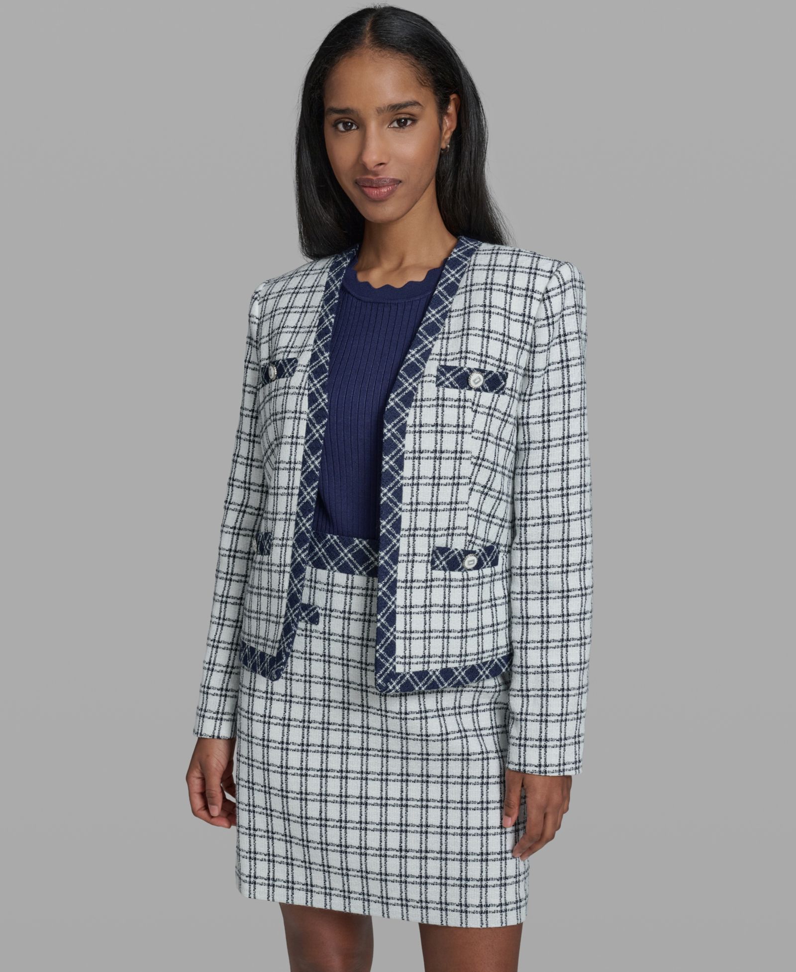 KARL LAGERFELD PARIS Women's Open-Front Checkered Jacket