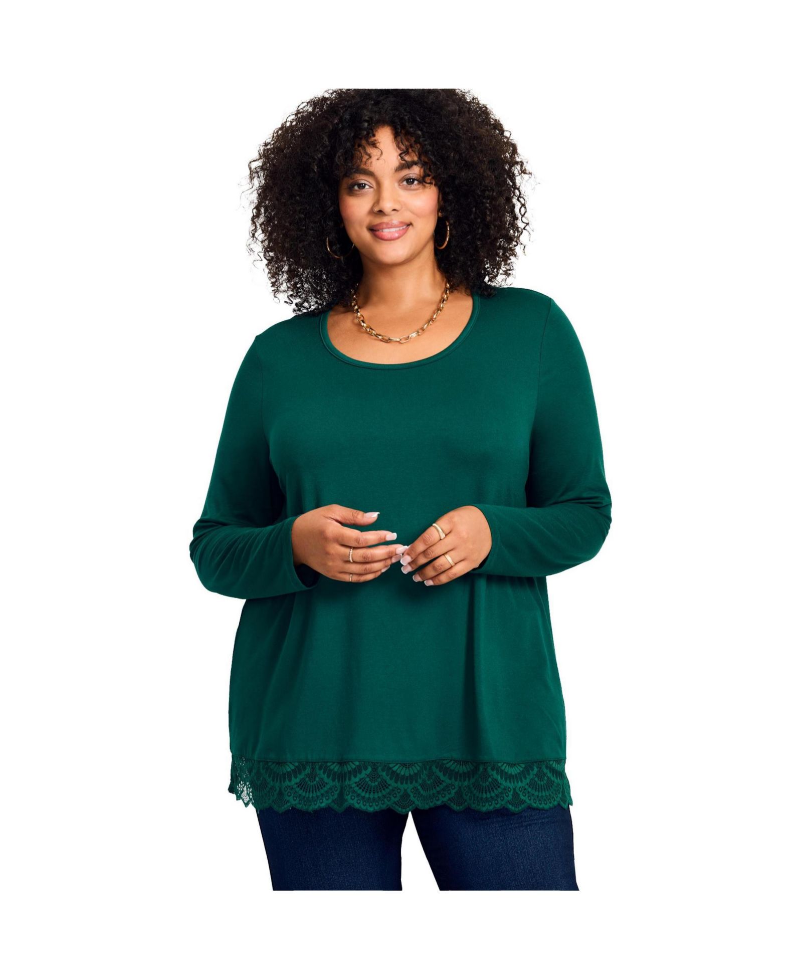 Avenue Plus Size Lace Hem Crewneck Tunic