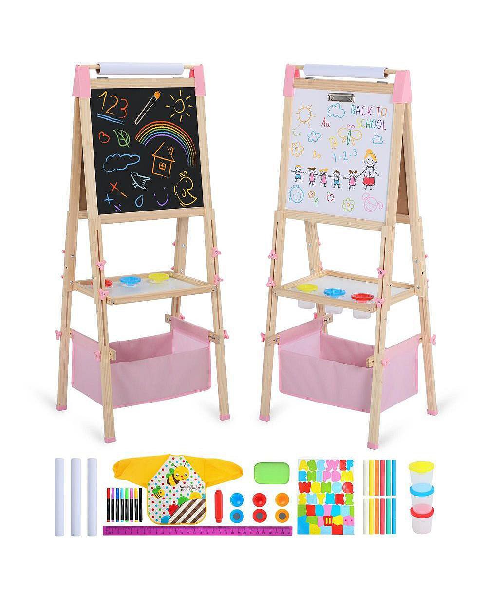 Kinder King 3 in 1 Kids Art Easel Set, Dual-Sided Art Station w/Whiteboard & Chalkboard