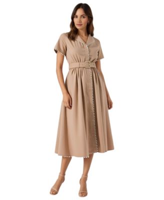Женское миди-платье Modenaire Solene Short Sleeve Collared Accent Belted