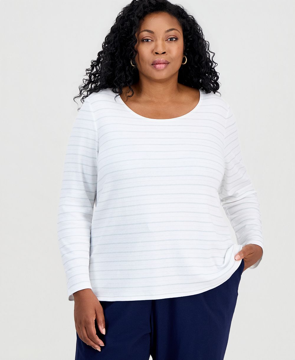 Style & Co Plus Size Printed Long-Sleeve Scoop-Neck Top, Macy's Exclusive