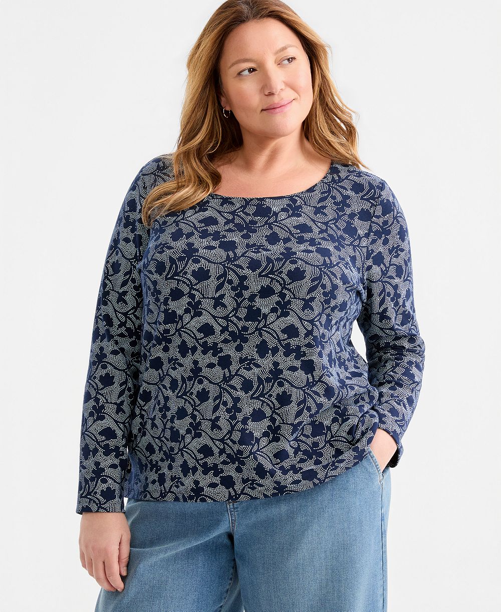 Style & Co Plus Size Printed Long-Sleeve Scoop-Neck Top, Macy's Exclusive