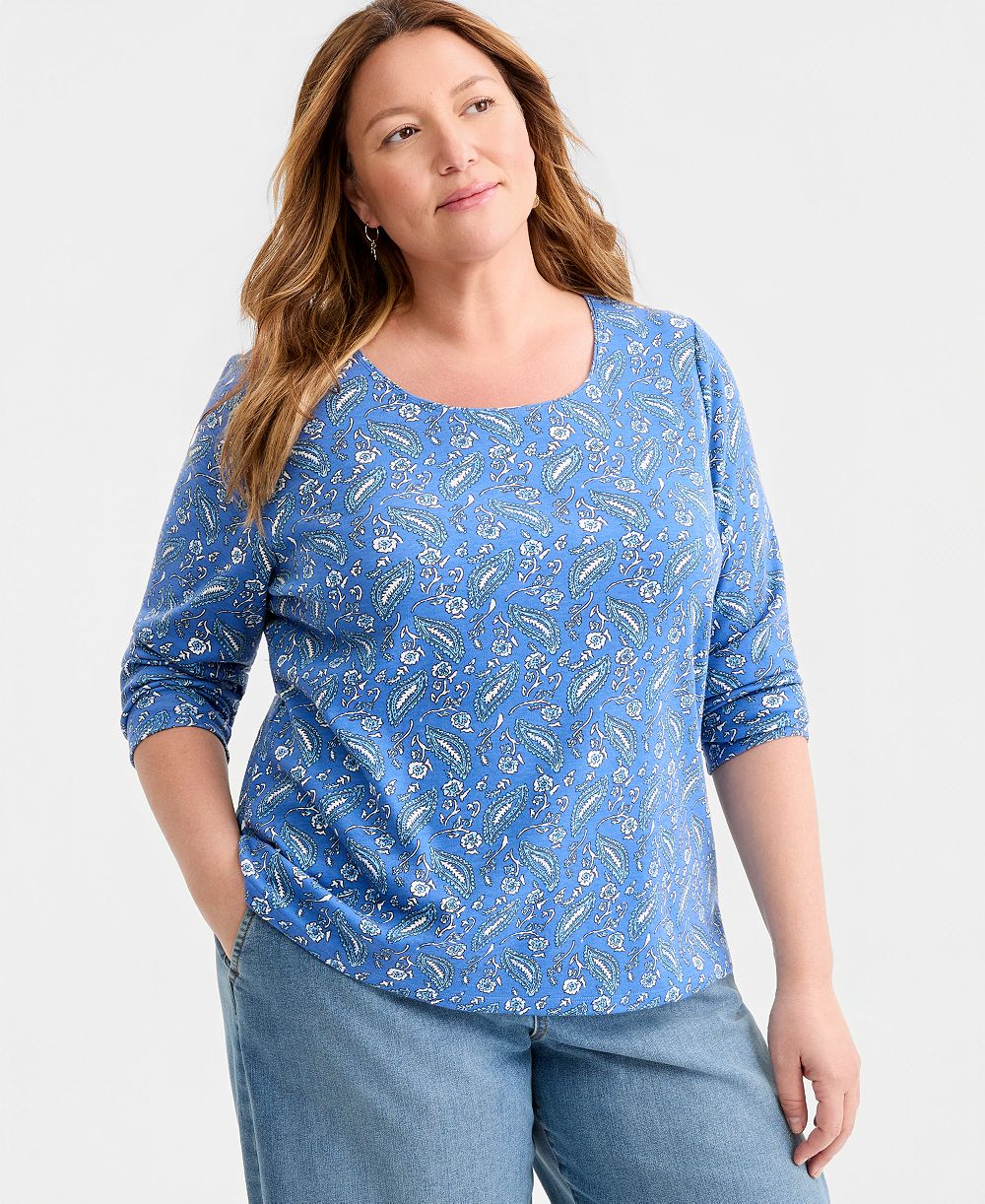 Style & Co Plus Size Printed Long-Sleeve Scoop-Neck Top, Macy's Exclusive