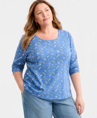 Style & Co Plus Size Printed Long-Sleeve Scoop-Neck Top, Macy's Exclusive