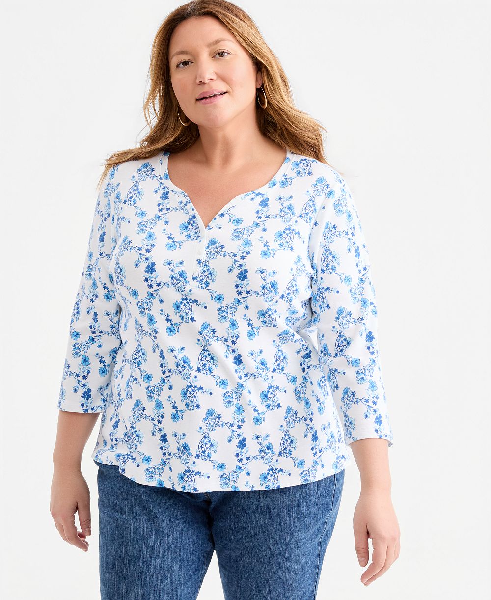 Style & Co Plus Printed 3/4-Sleeve Henley Top, Macy's Exclusive
