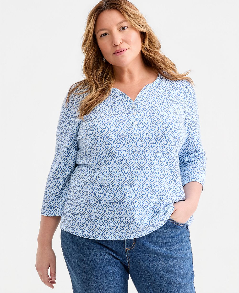 Style & Co Plus Printed 3/4-Sleeve Henley Top, Macy's Exclusive