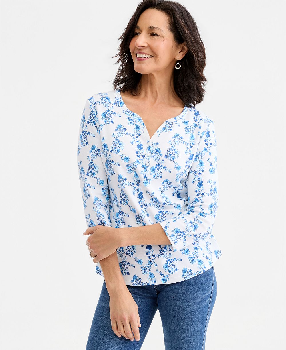Style & Co Petite Printed 3/4-Sleeve Henley Top, Macy's Exclusive