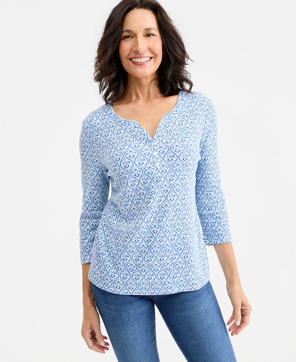 Style & Co Petite Printed 3/4-Sleeve Henley Top, Macy's Exclusive