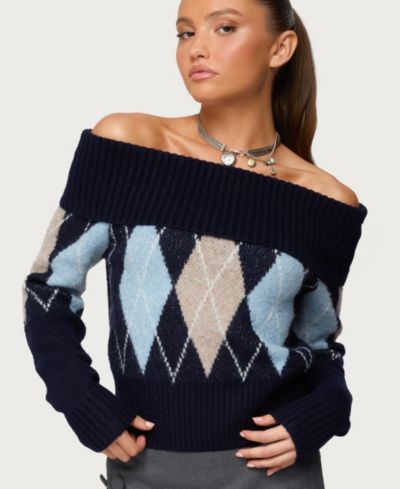 Edikted Women's Jakarie Argyle Foldover Sweater
