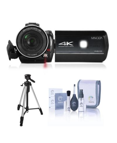 Видеокамера Minolta MN4K40NV, 30MP, 4K Ultra HD, сенсорный экран 3", ночное видение, черная, комплект с алюминиевым штативом из 3 секций и набором для чистки