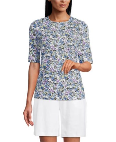 Lands' End Women's Elbow Sleeve Crewneck Garden Tee- Sunshade UPF 50 Quick Dry