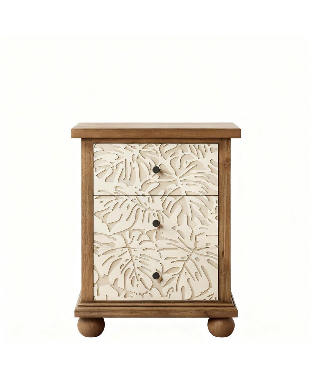 YIGII Rustic 3-Drawer Nightstand with Leaf Carvings