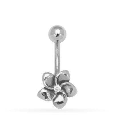 Curata Jewelry Solid 14k Yellow or White Gold 14G Cubic Zirconia Plumeria Flower Belly Button Ring Body Piercing Ring