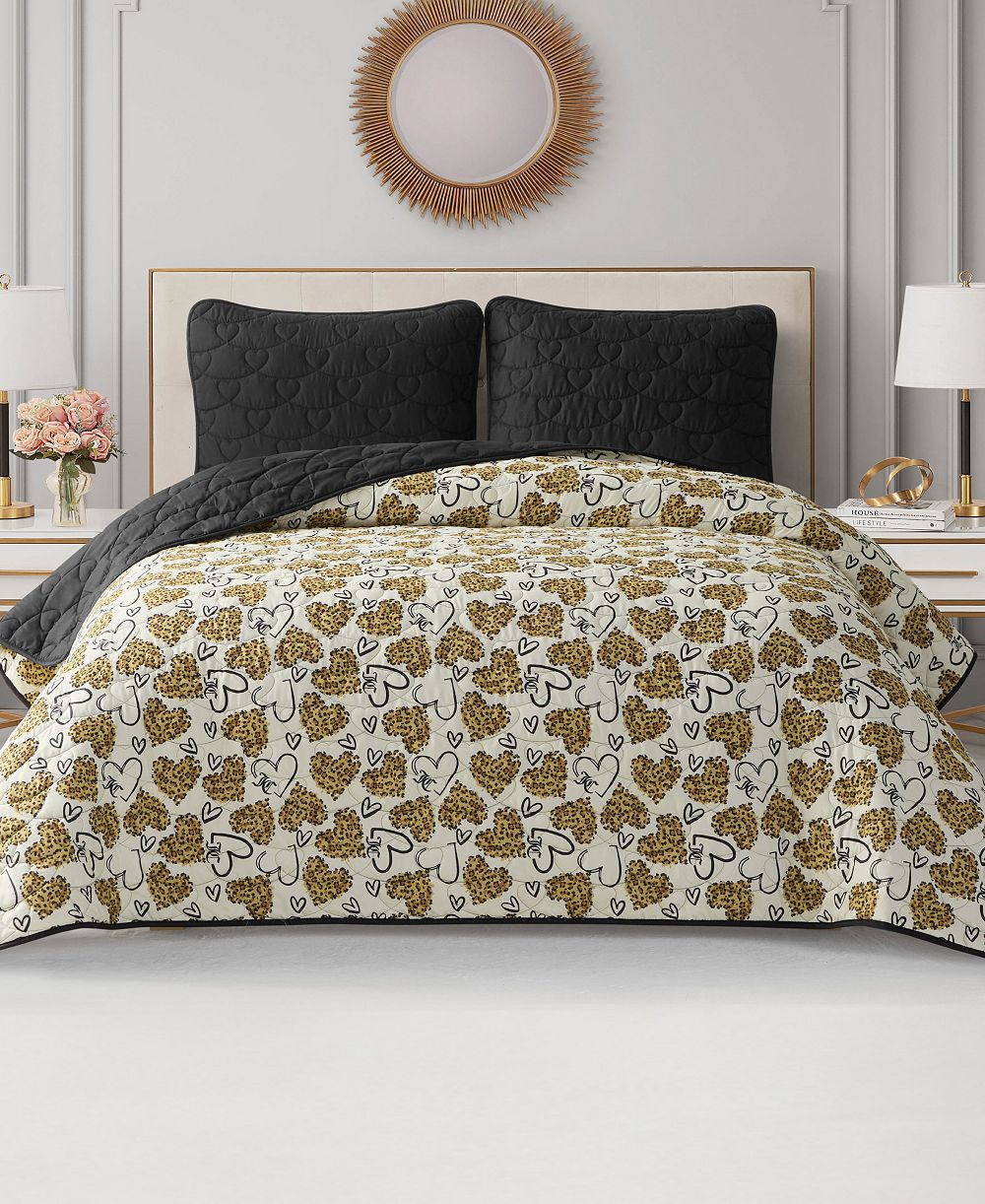 Juicy Couture двусторонний комплект стеганого одеяла с принтом Cheetah Doodle Hearts, Full/Queen