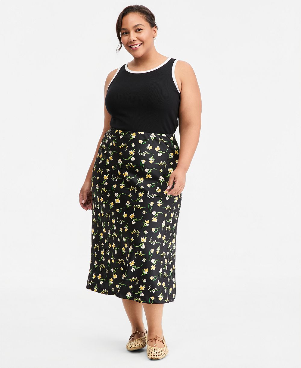 On 34th Trendy Plus Size Floral Midi Slip Skirt, Macy's Exclusive