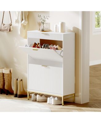 gaomon Handle Fluted Shoe Cabinet - 2 Flip +Large Drawer with Adjustable Shoe Storage Rack