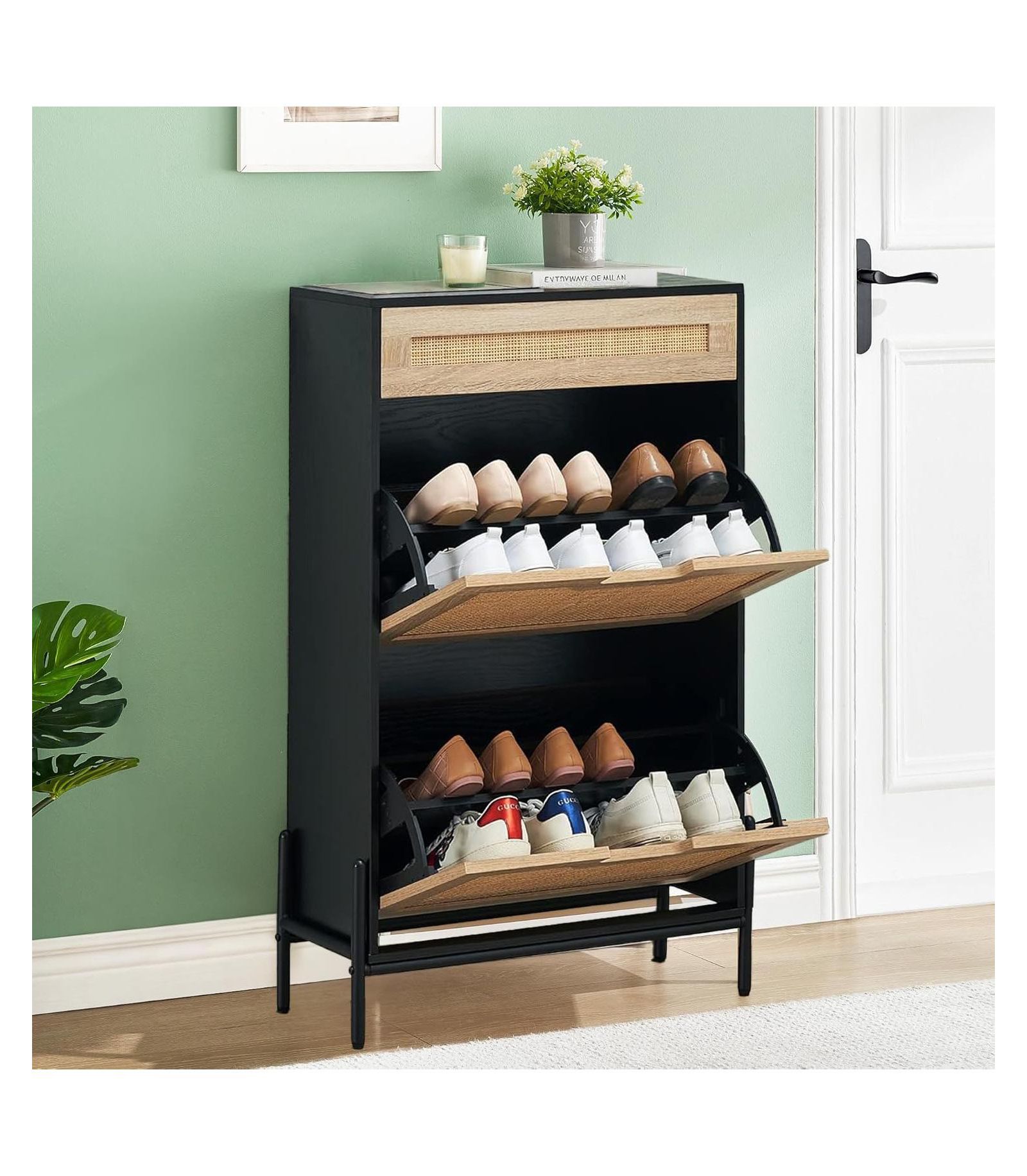 gaomon Entryway Freestanding Rattan Shoe Cabinet, 2 Flip Drawers + 1 Drawer Storage