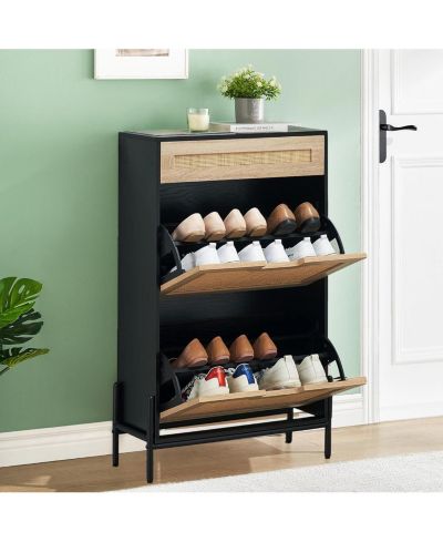 gaomon Entryway Freestanding Rattan Shoe Cabinet, 2 Flip Drawers + 1 Drawer Storage