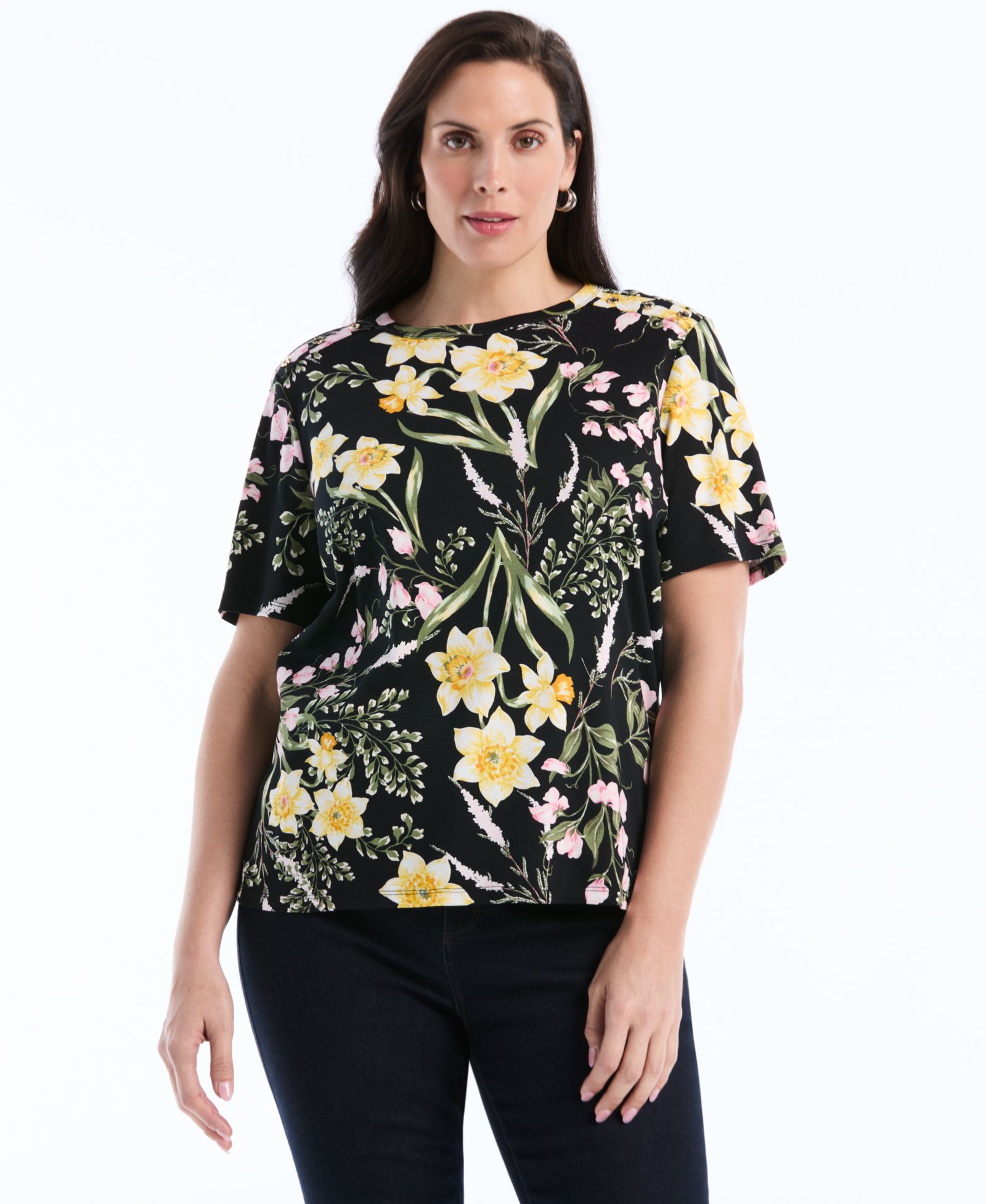 Женский топ Rafaella Plus Size Garden Print Button-Detail Short-Sleeve