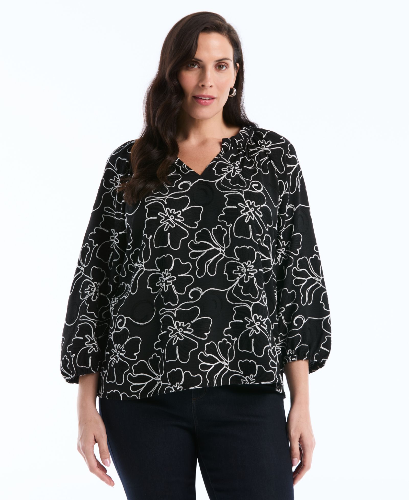 Rafaella Блузка Plus Size Floral Embroidered 3/4-Sleeve