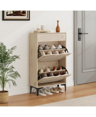 gaomon Oak Rattan Shoe Cabinet - 2 Flip Drawers +1 Pull-Out Drawer Heavy Duty Metal Legs Adjustable Shelf