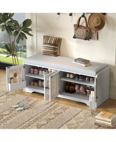 RAINSKEN Rustic Storage Bench - Wood Shoe Cabinet Storage Ottoman with Removable Cushion, Woven Rattan Doors, Adjustable Shelves for Hallway