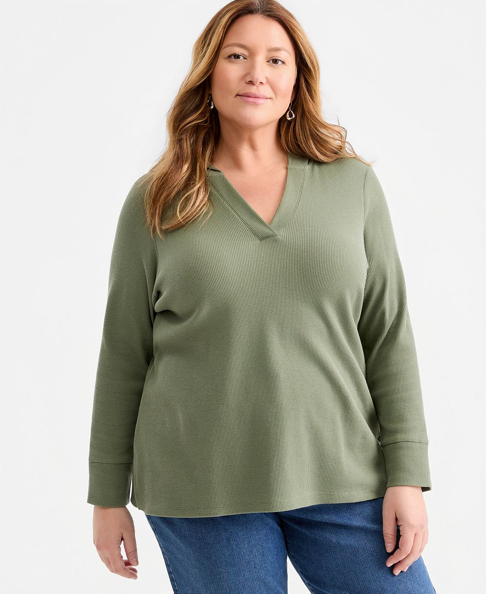 Женский худи Style & Co Plus Size с длинным рукавом и V-образным вырезом из трикотажа в рубчик