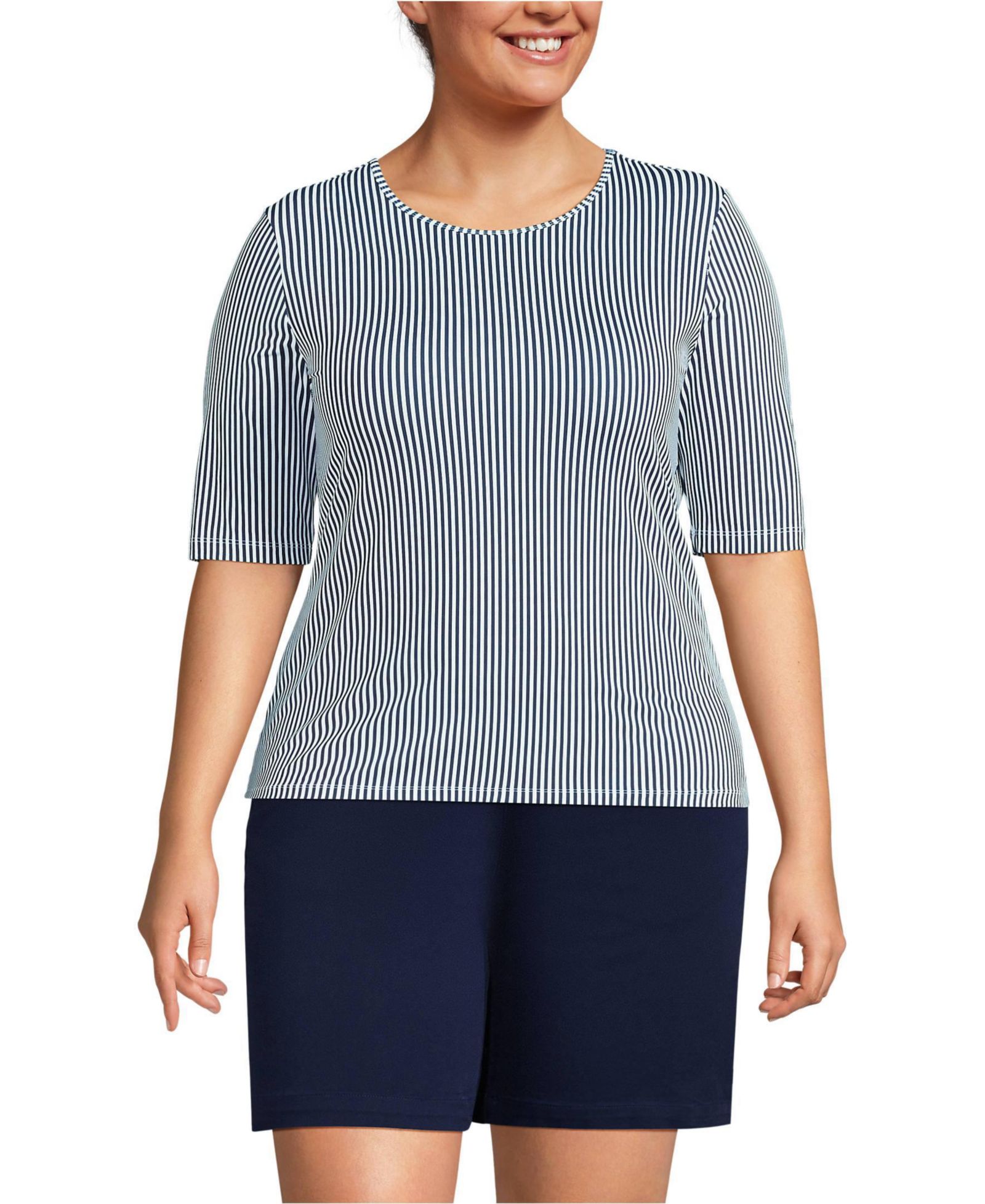 Lands' End Plus Size Elbow Sleeve Crewneck Garden Tee- Sunshade UPF 50 Quick Dry
