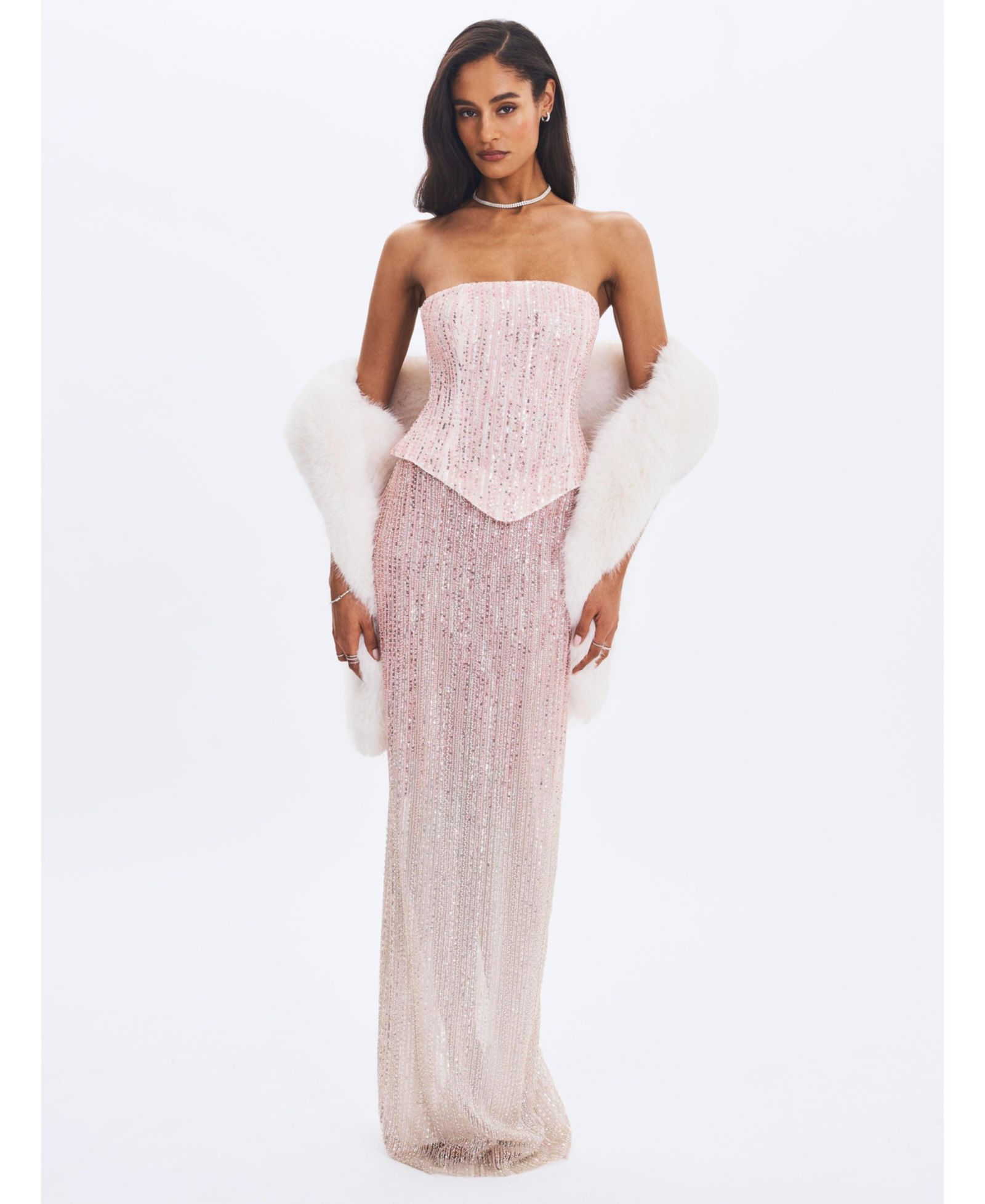 Женское платье Miss Circle Tosca Pink-to-White Beaded Gradient Strapless Maxi