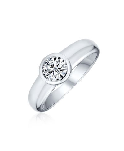 Bling Jewelry Modern Simple 1CT Cubic Zirconia CZ Bezel Set Round Solitaire Engagement Ring .925 Sterling Silver
