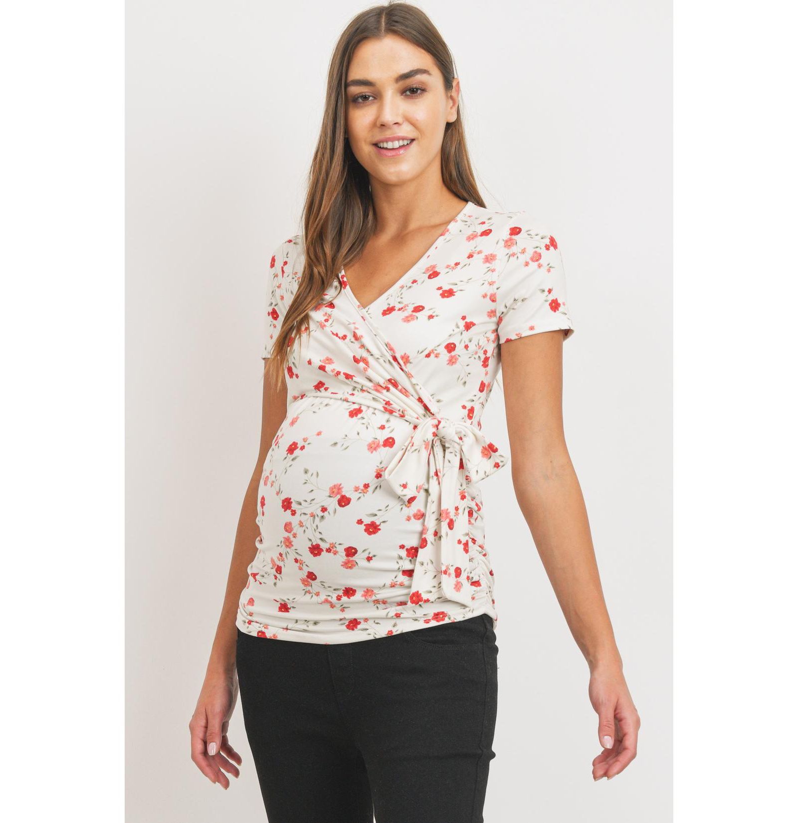 Hello Miz Maternity Floral Wrap Nursing Short-Sleeve Top