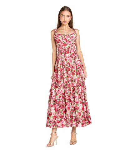 Mac Duggal Women's Floral Cotton Ruffle Square Neck Ankle Dress
