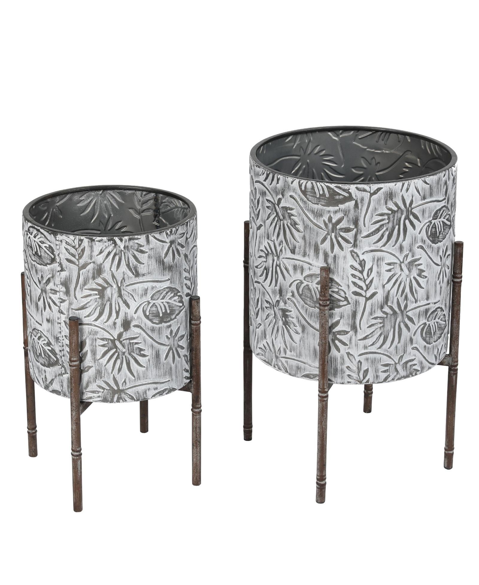 Набор из 2 кашпо LuxenHome Coastal Distressed White and Gray Metal с металлической подставкой