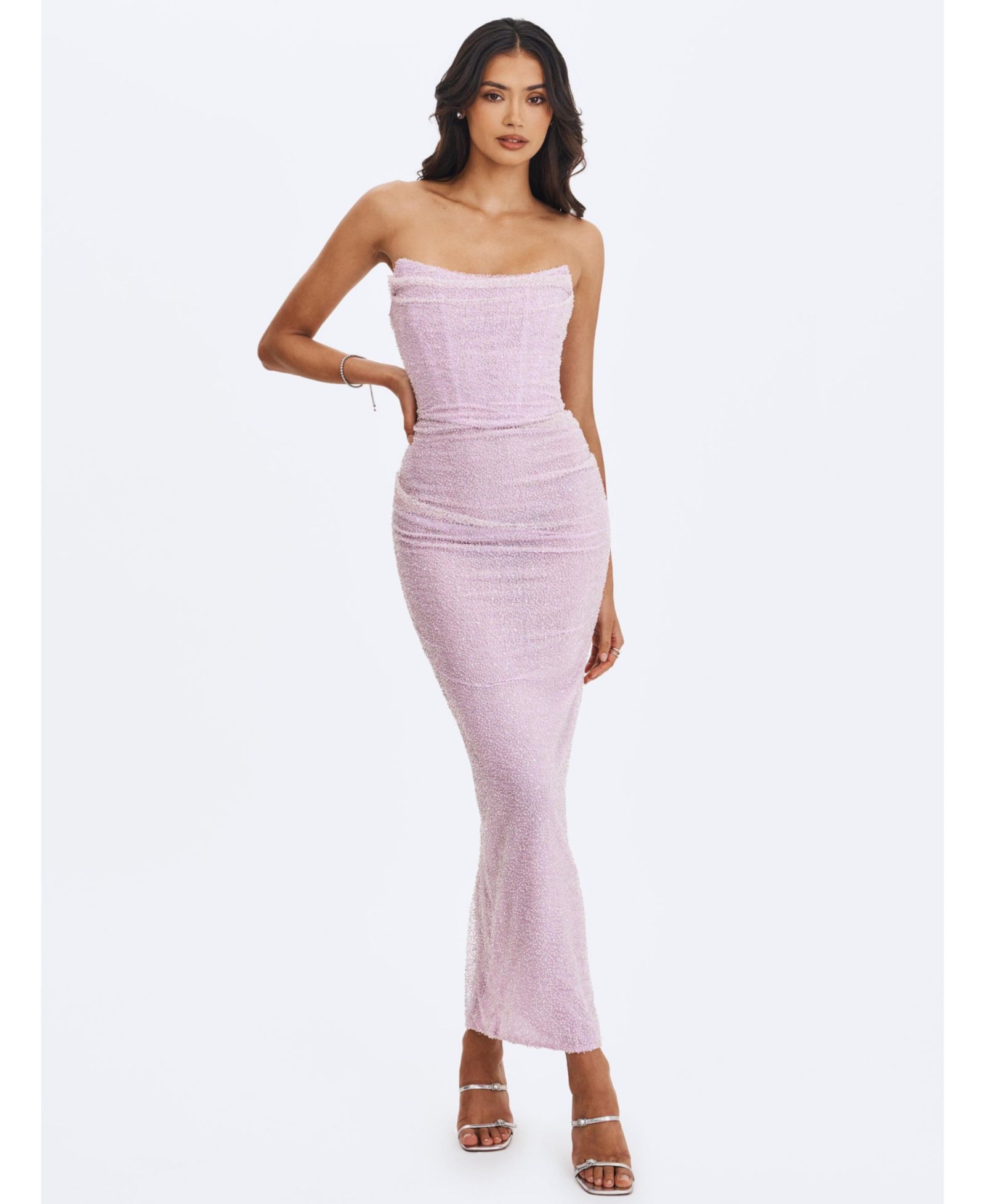 Женское вечернее платье Miss Circle Women's Raylee Beaded Mesh Strapless Sheath Maxi Dress