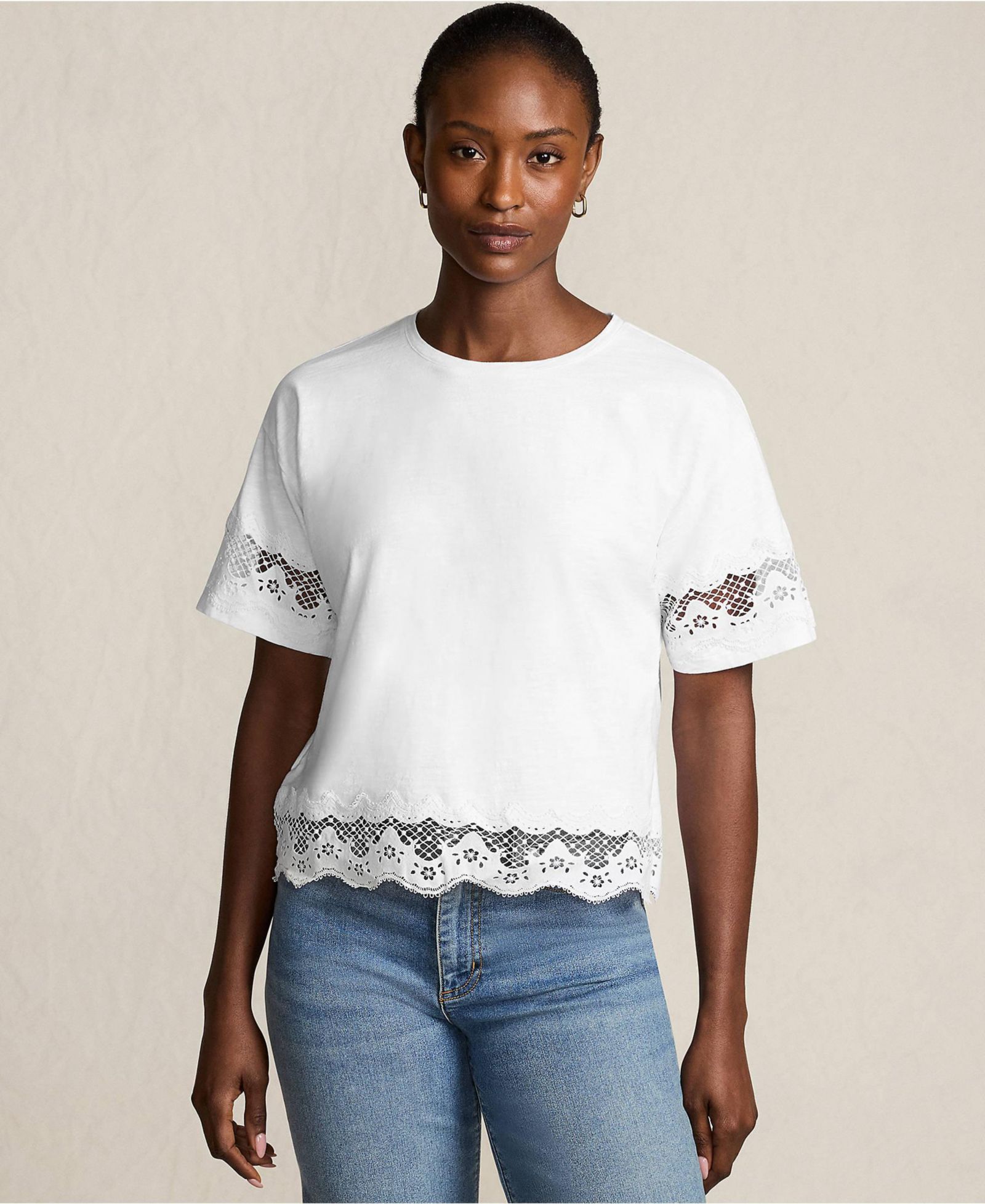 Lands' End Women's Short Sleeve Slub Jersey Cutwork T-Shirt
