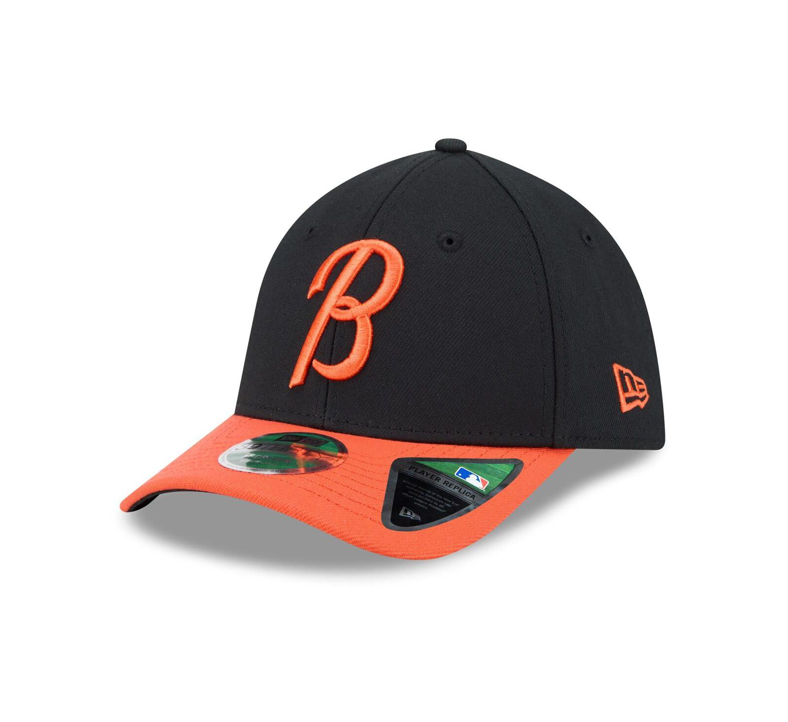 Мужская кепка New Era Black/Orange Baltimore Orioles Player Replica 39THIRTY Flex