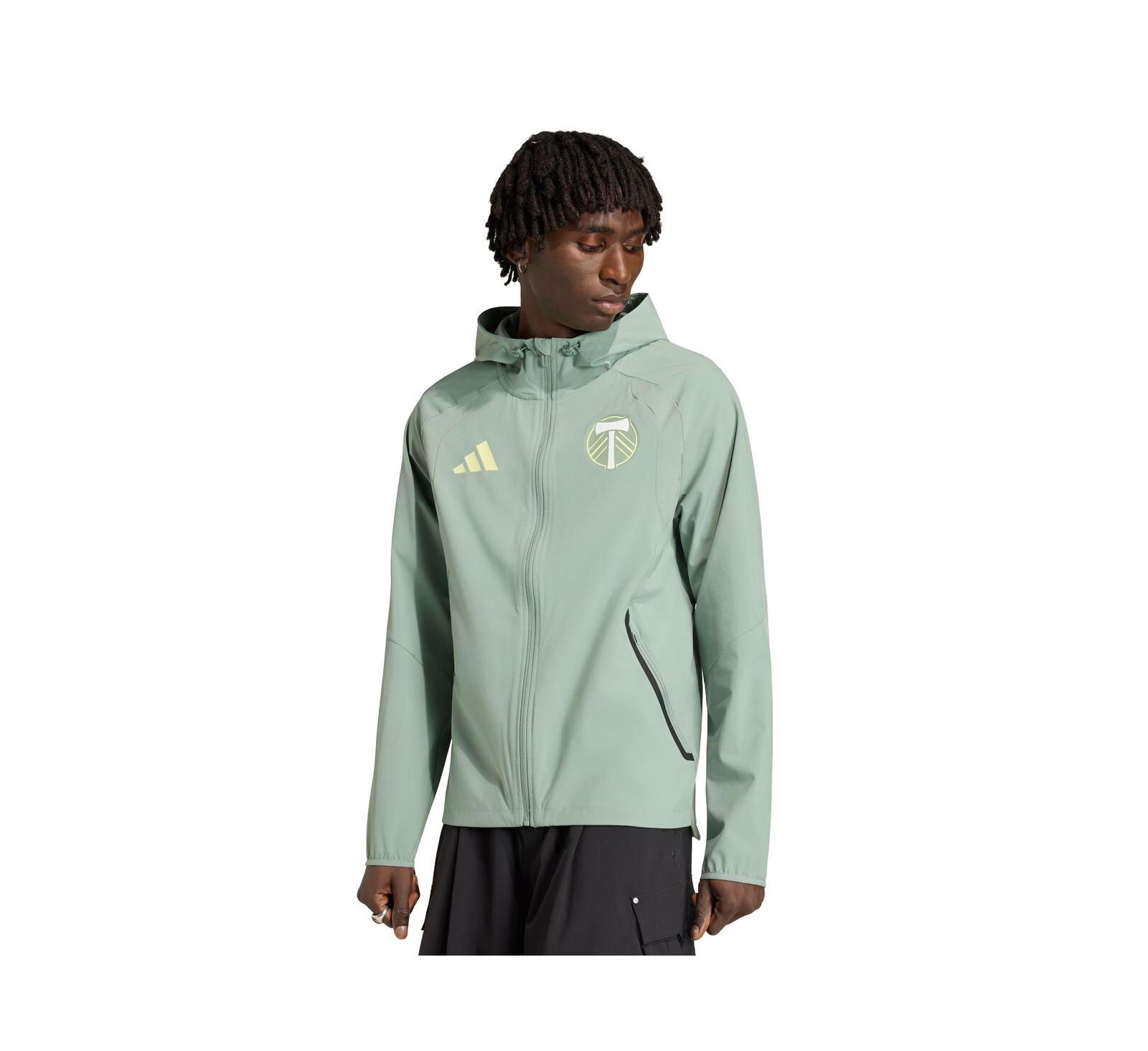 Мужская ветровка Adidas Portland Timbers Tiro с капюшоном и полной молнией светло-зеленого цвета