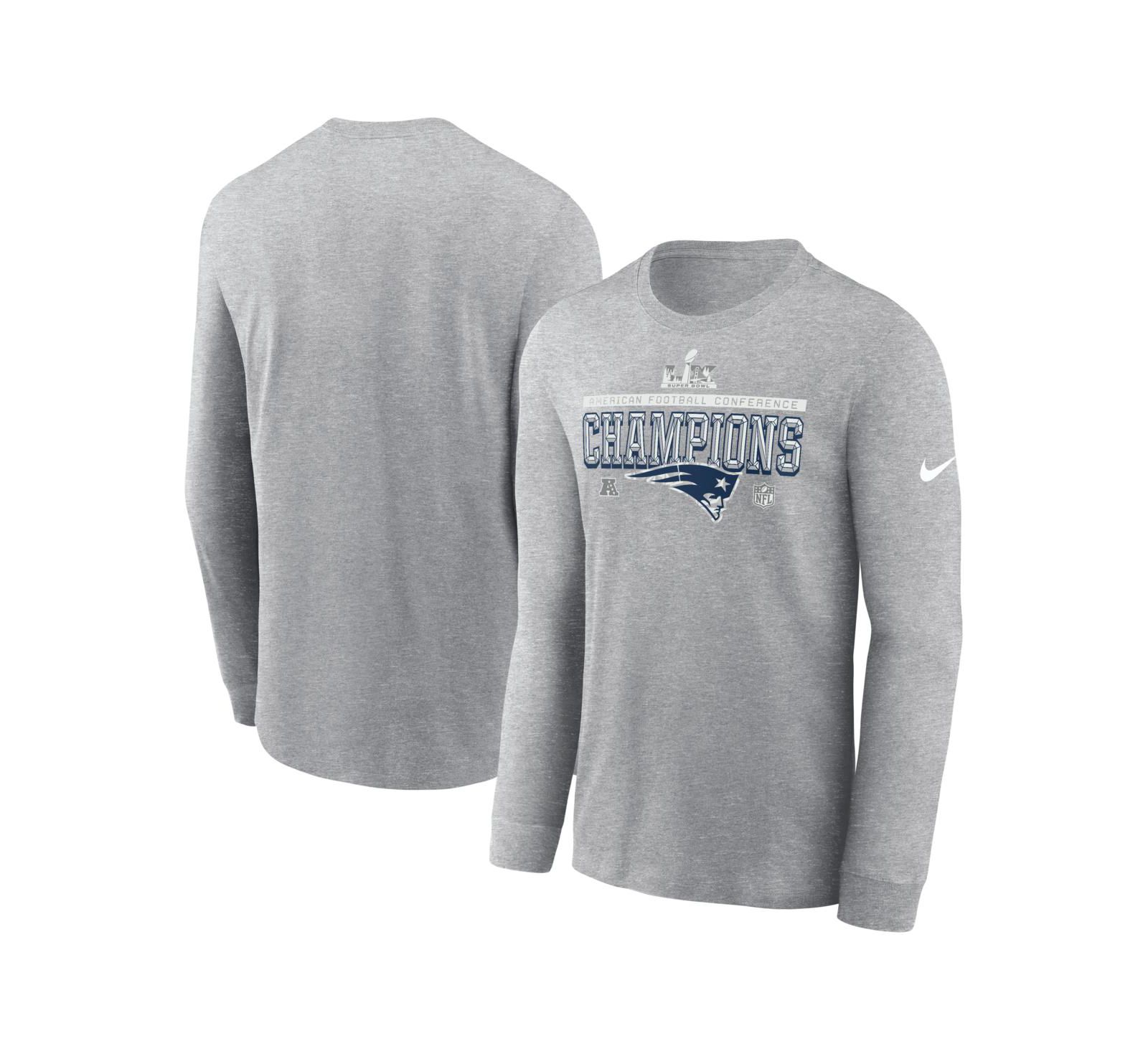 Nike Men's Heather Gray New England Patriots 2025 AFC Champions Locker Room Trophy Collection Long Sleeve T-Shirt
