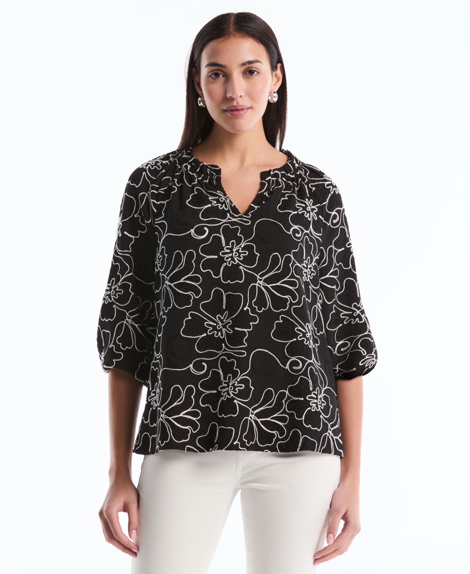 Rafaella Petite Floral Embroidered 3/4-Sleeve Blouse