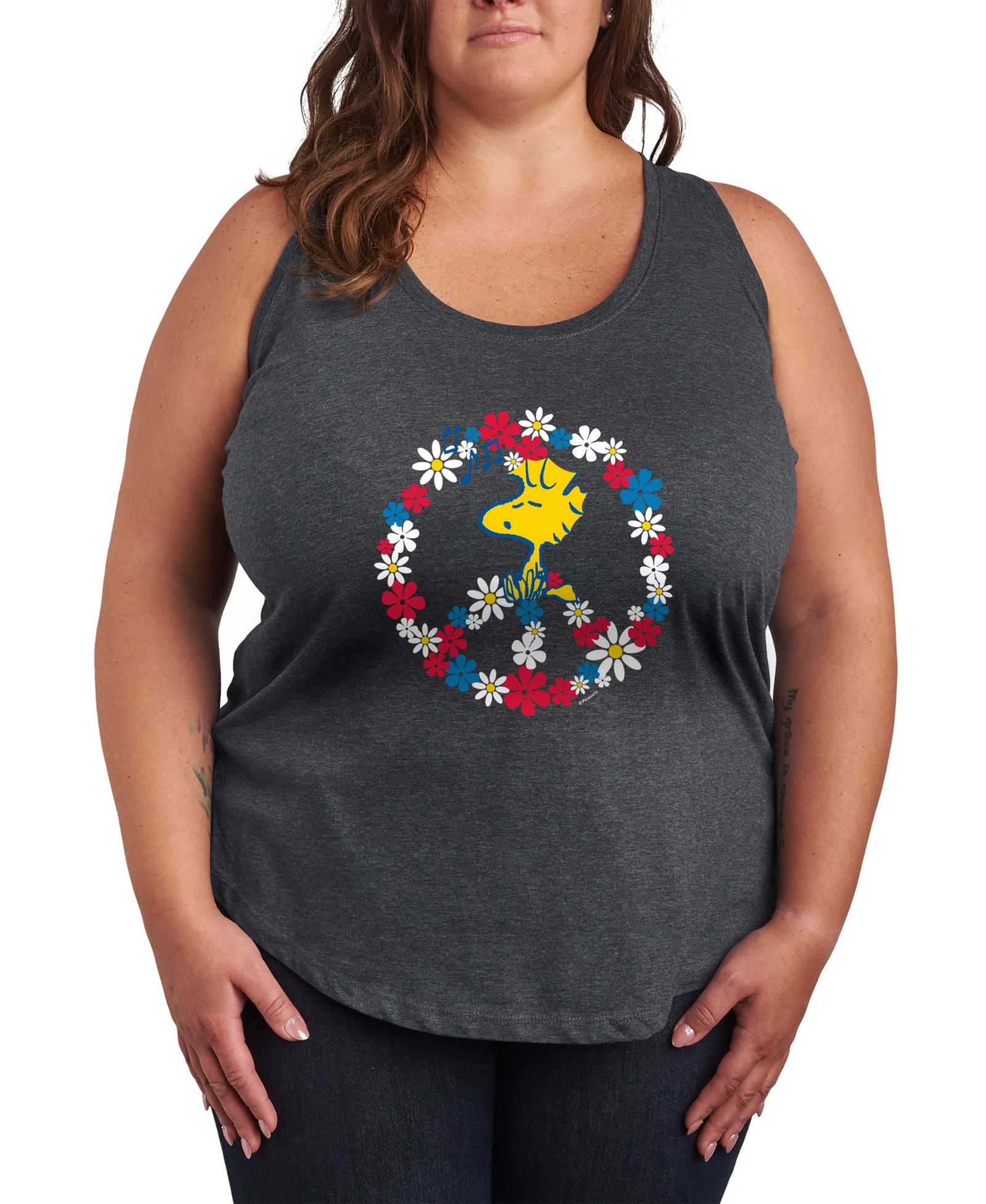 Hybrid Apparel Plus Size Peanuts Woodstock Peace Americana Racerback Graphic Crewneck Tank Top