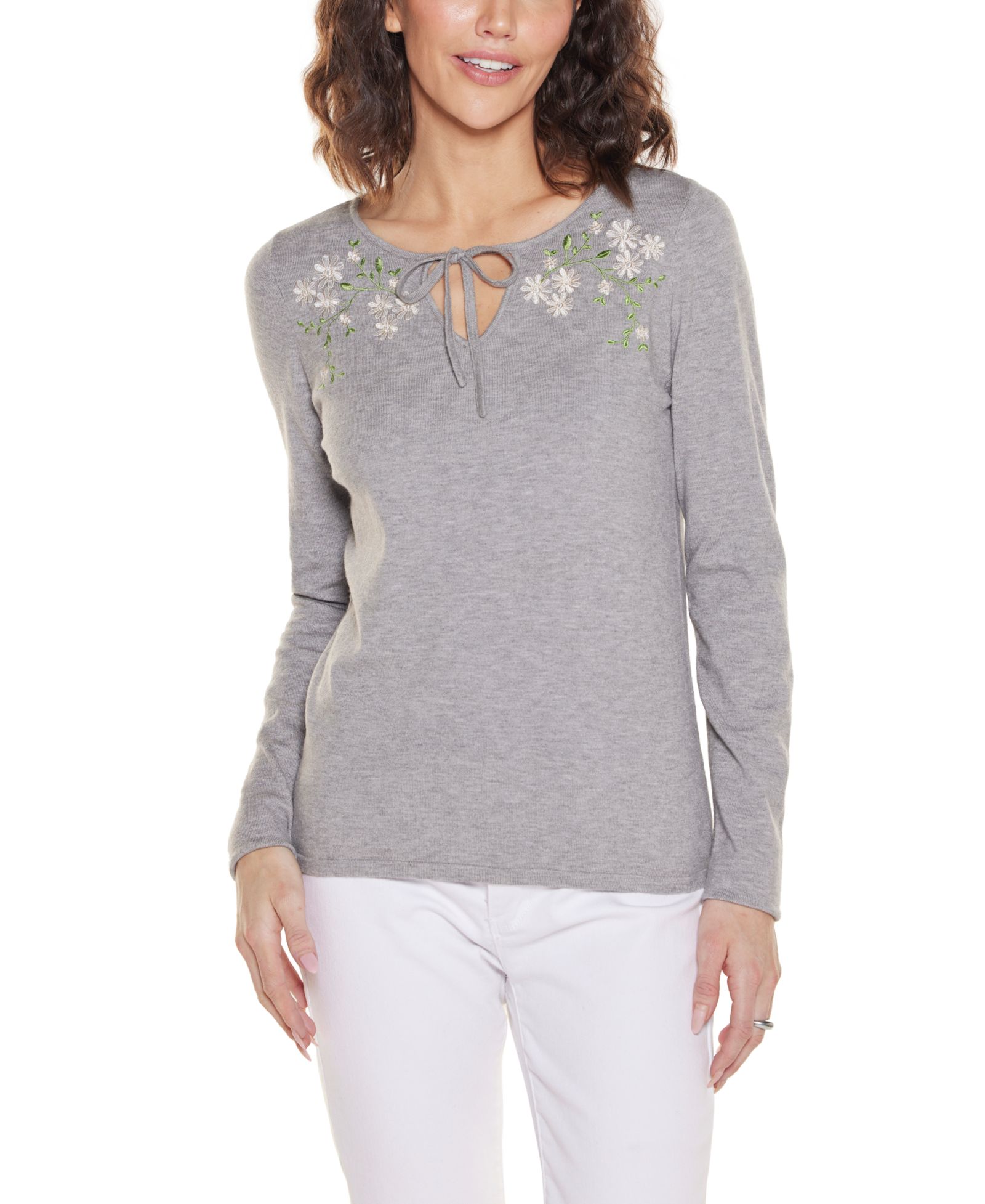Женский свитер Belldini Embroidered Flower Split-Neck
