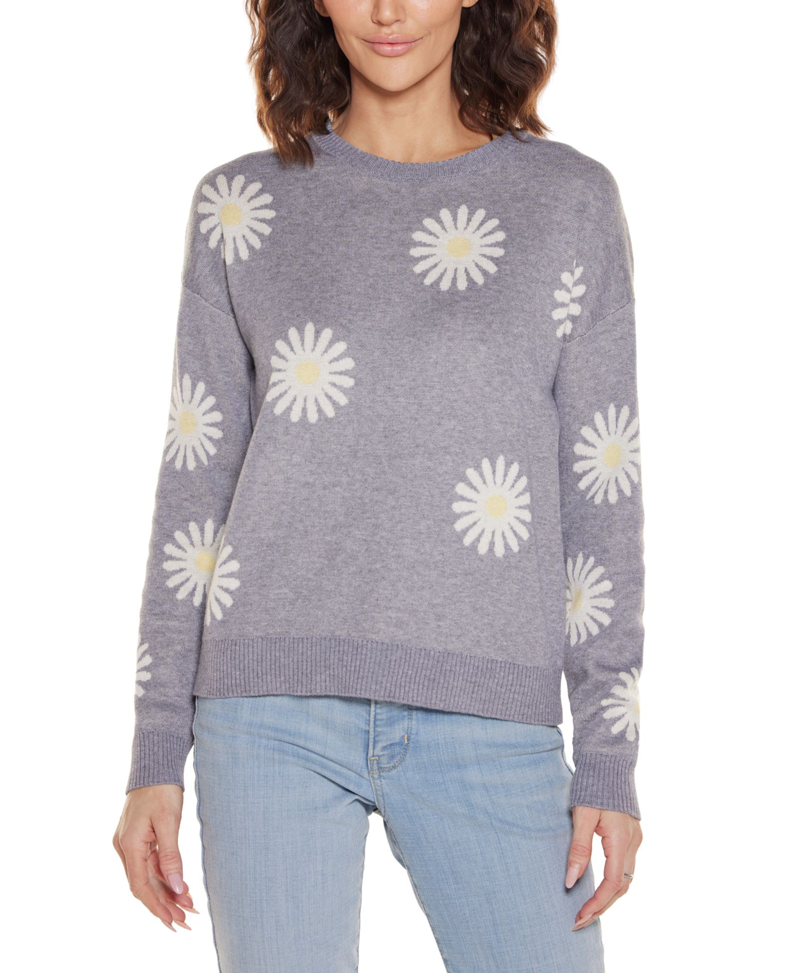 Belldini Women's Jacquard Flower Crew Neck Sweater