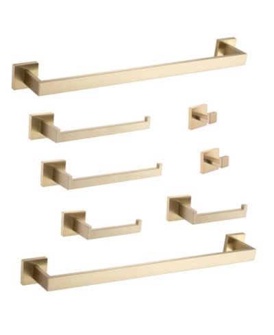 RAINSKEN 8 - Piece Bathroom Hardware Set, Stainless Steel Bath Towel Holder, Square Wall Mounted Towel Rack, Brushed Gold Towel Bar for Bathroom