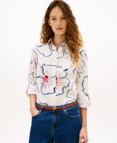 Tommy Hilfiger Women's Long-Sleeve Linen Blend Collared Printed Shirt
