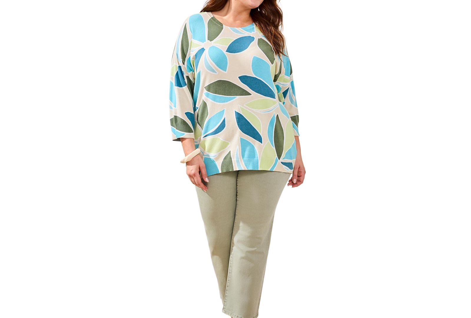 Tribal Plus Size Printed 3/4-Sleeve Crew Neck Sweater