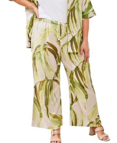 Tribal Plus Size Printed Linen Flare Pull-On Ankle Pants