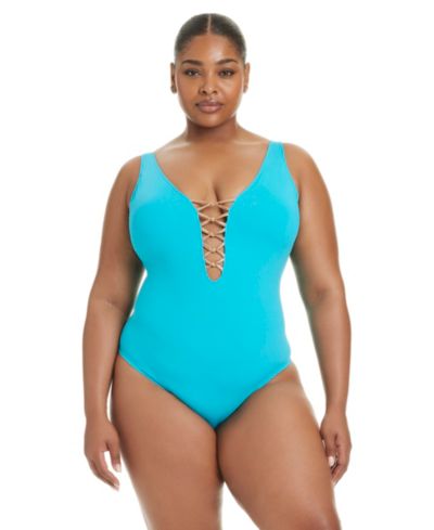 Слитный купальник Bleu by Rod Beattie Plus Size Leys Get Knotty Lace-Down V-Neck