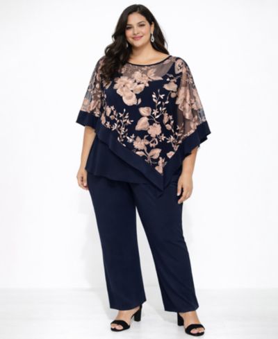 Комплект из топа и брюк R & M Richards Plus Size с цветочной вышивкой