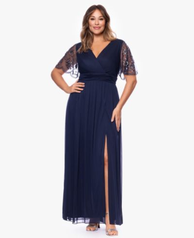 Женское вечернее платье XSCAPE Plus Size Beaded Sleeve Slit Gown